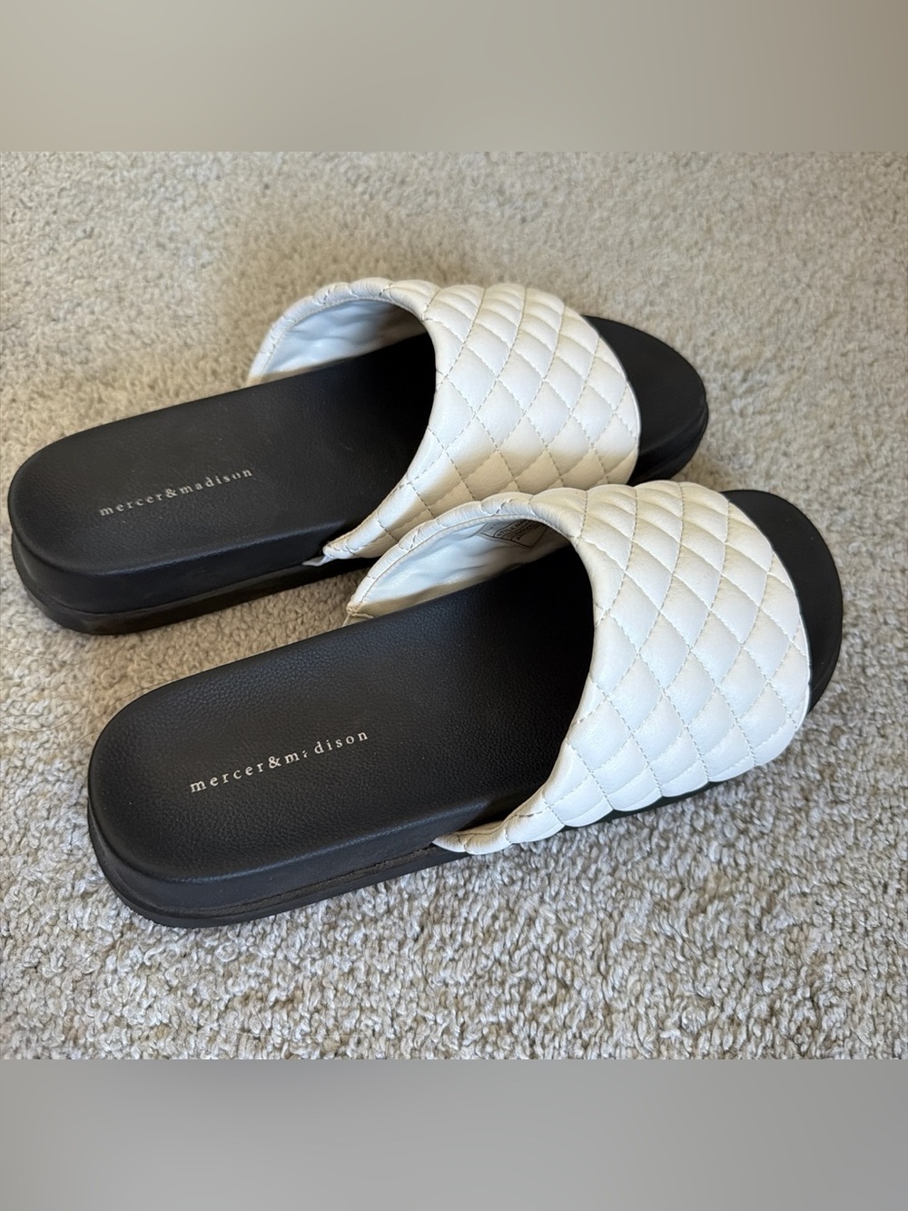 mercer & madison White Quilted Slide Sandals with Black Footbed